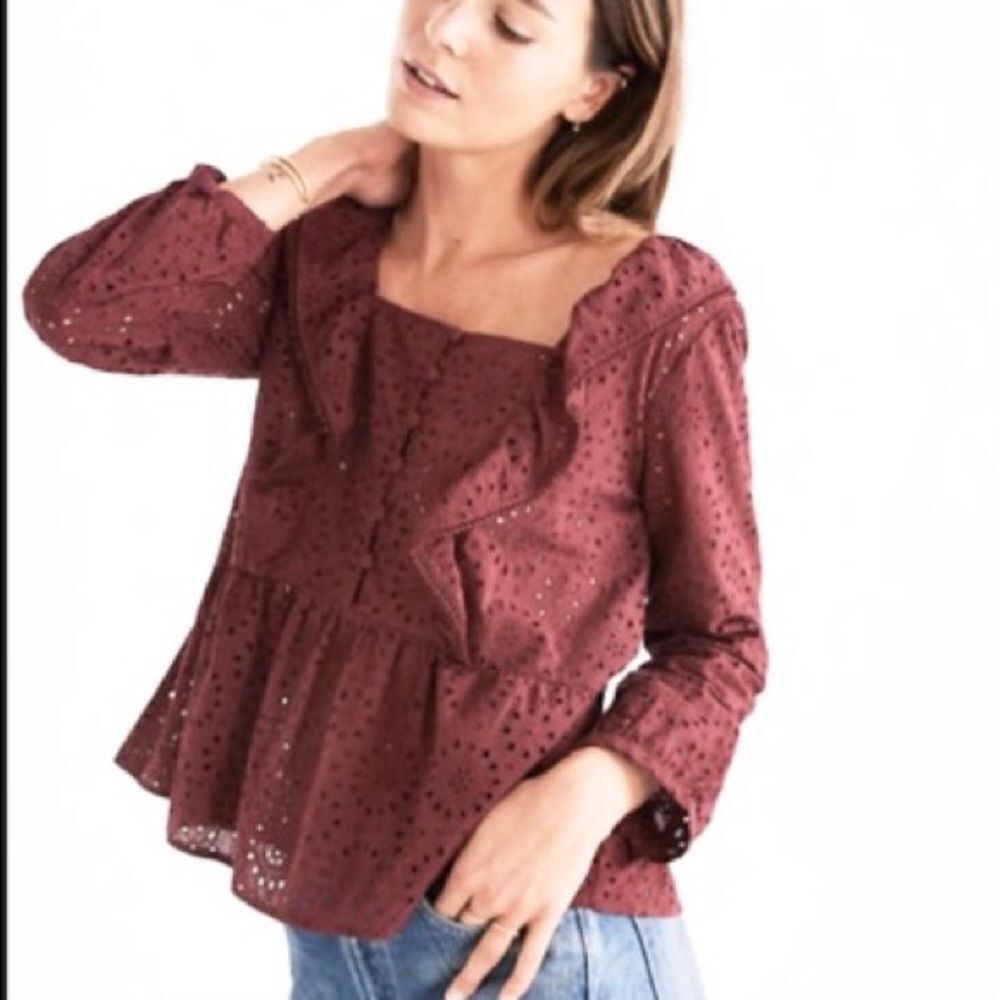 Madewell Maroon Eyelet Ruffle Peplum Blouse Xs